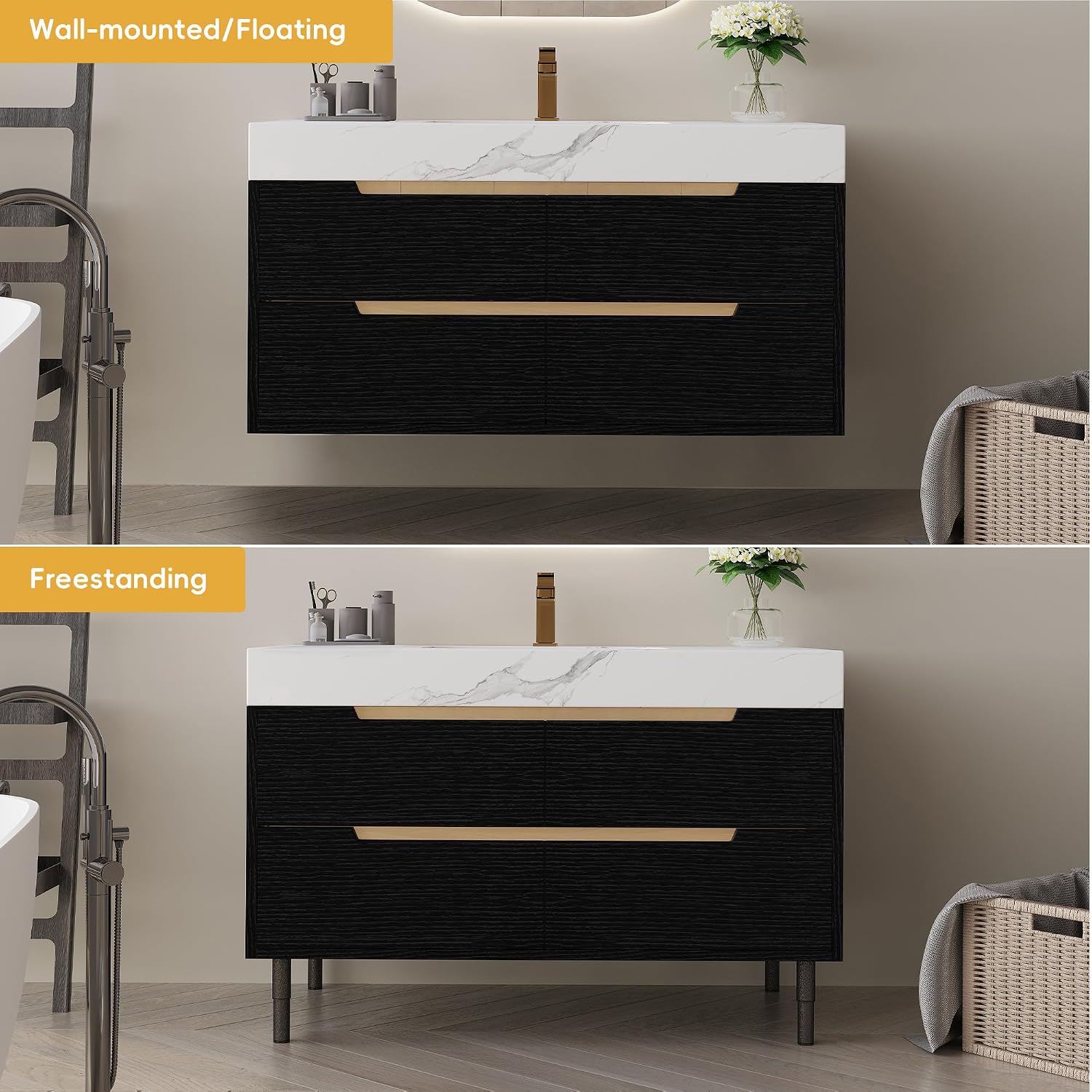 36' Bathroom Vanity with Undermount Sink Set, Modern Black 2-in-1 Wall Mounted & Freestanding Bathroom Vanity Cabinet with Sintered Stone top&4 Storage Drawers, Bathroom Single Sink Cabinet