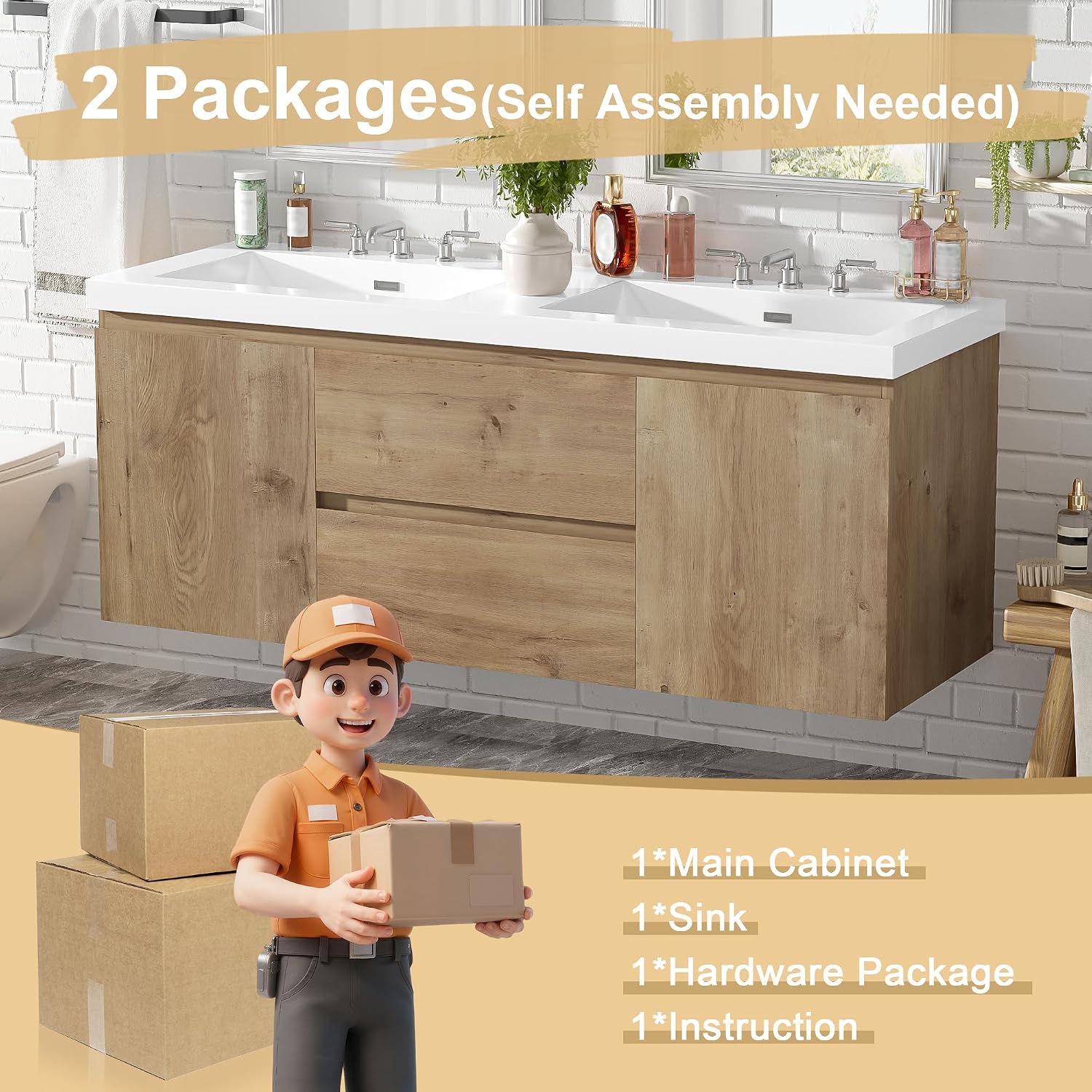 60'' Floating Bathroom Vanity with Sink, Wall-Mounted Cabinet with Drawer & Doors, SMC Resin Top Undermount Basin, Soft-Close, No Handle for Large Bathrooms