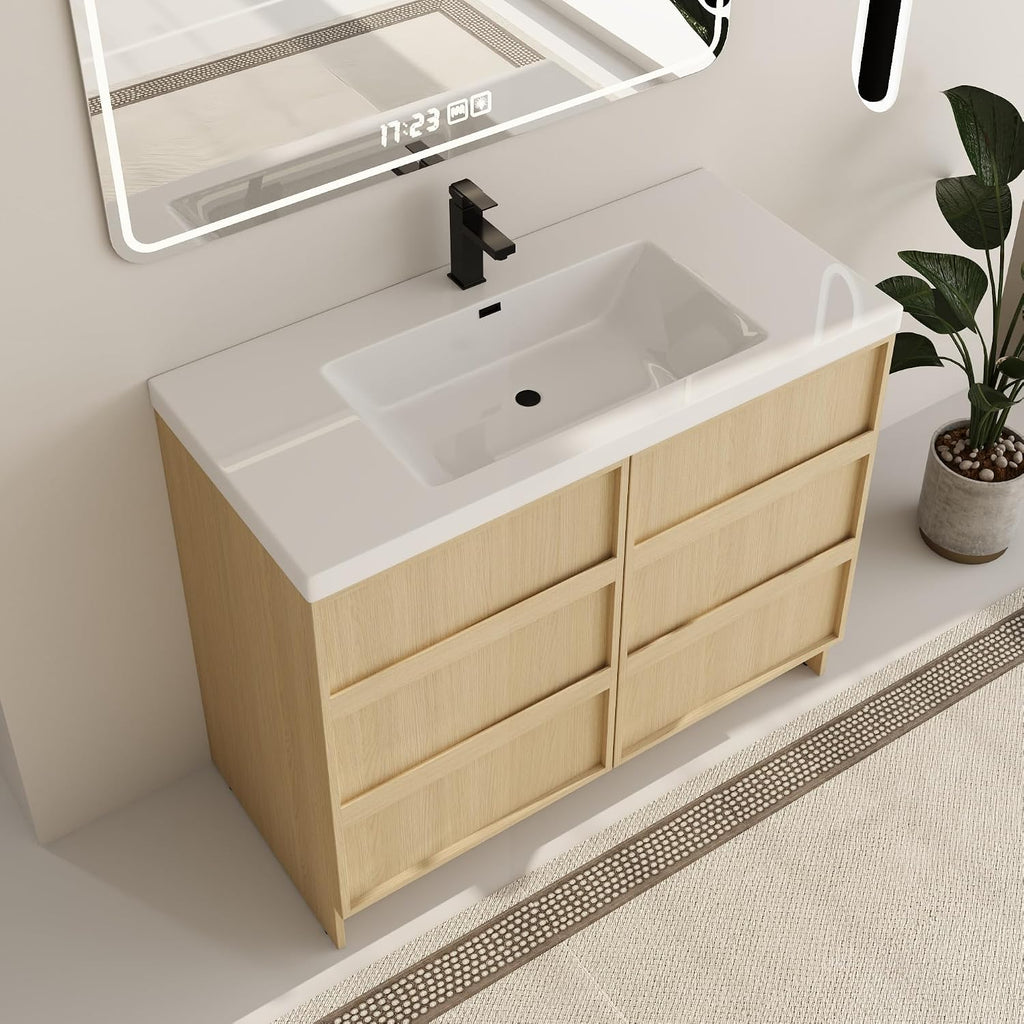 42 Inch Bathroom Vanity with Sink, 42' Freestanding Bathroom Vanity for Large Space, Premium Plywood Wooden Cabinet with 2 Soft Close Doors, Modern Floor Stand Cabinet Set, White Resin Sink Top