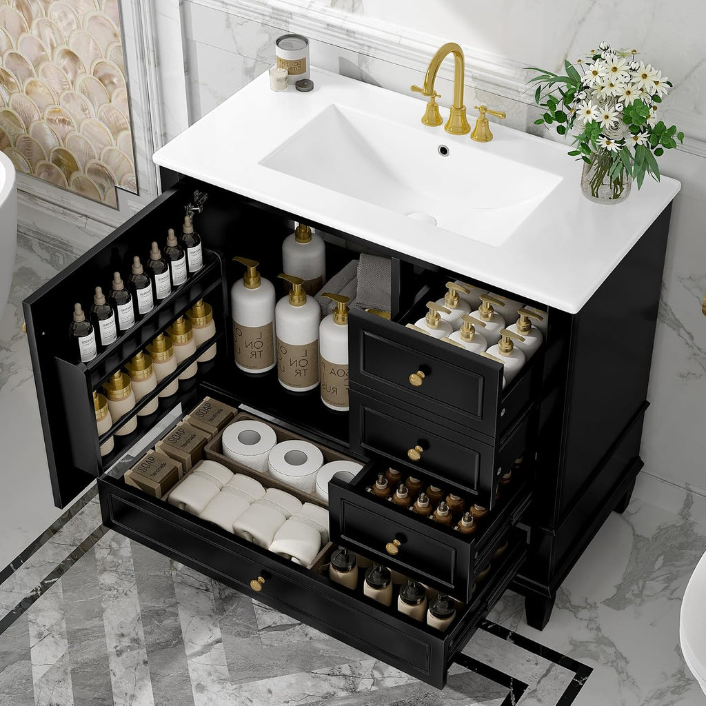 36' Modern Freestanding Bathroom Vanity with Ceramic Sink Top, 3 Drawers & Storage Shelves - MDF & Solid Wood Base