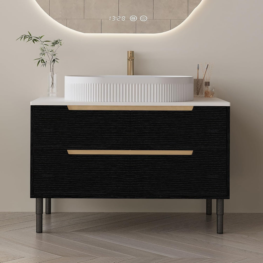 36' Bathroom Vanity with Above Oval Sink Set, Modern Black 2-in-1 Wall Mounted & Freestanding Bathroom Vanity Cabinet with Sintered Stone top&4 Storage Drawers, Bathroom Single Sink Cabinet