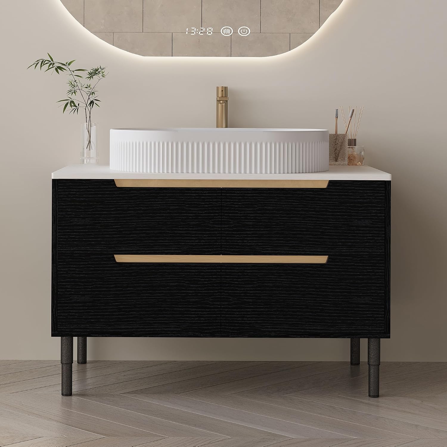 36' Bathroom Vanity with Above Oval Sink Set, Modern Black 2-in-1 Wall Mounted & Freestanding Bathroom Vanity Cabinet with Sintered Stone top&4 Storage Drawers, Bathroom Single Sink Cabinet