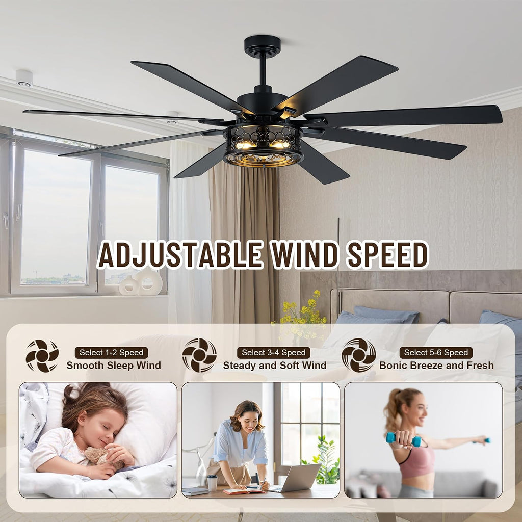 72 Inch Ceiling Fans with Lights, 6 Speed Reversible Quiet DC Motor 8 Dual Finish Wood Blades,Black Caged Rustic Large Industrial Ceiling Fans for Living Room Bedroom Patio,Indoor and Outdoor