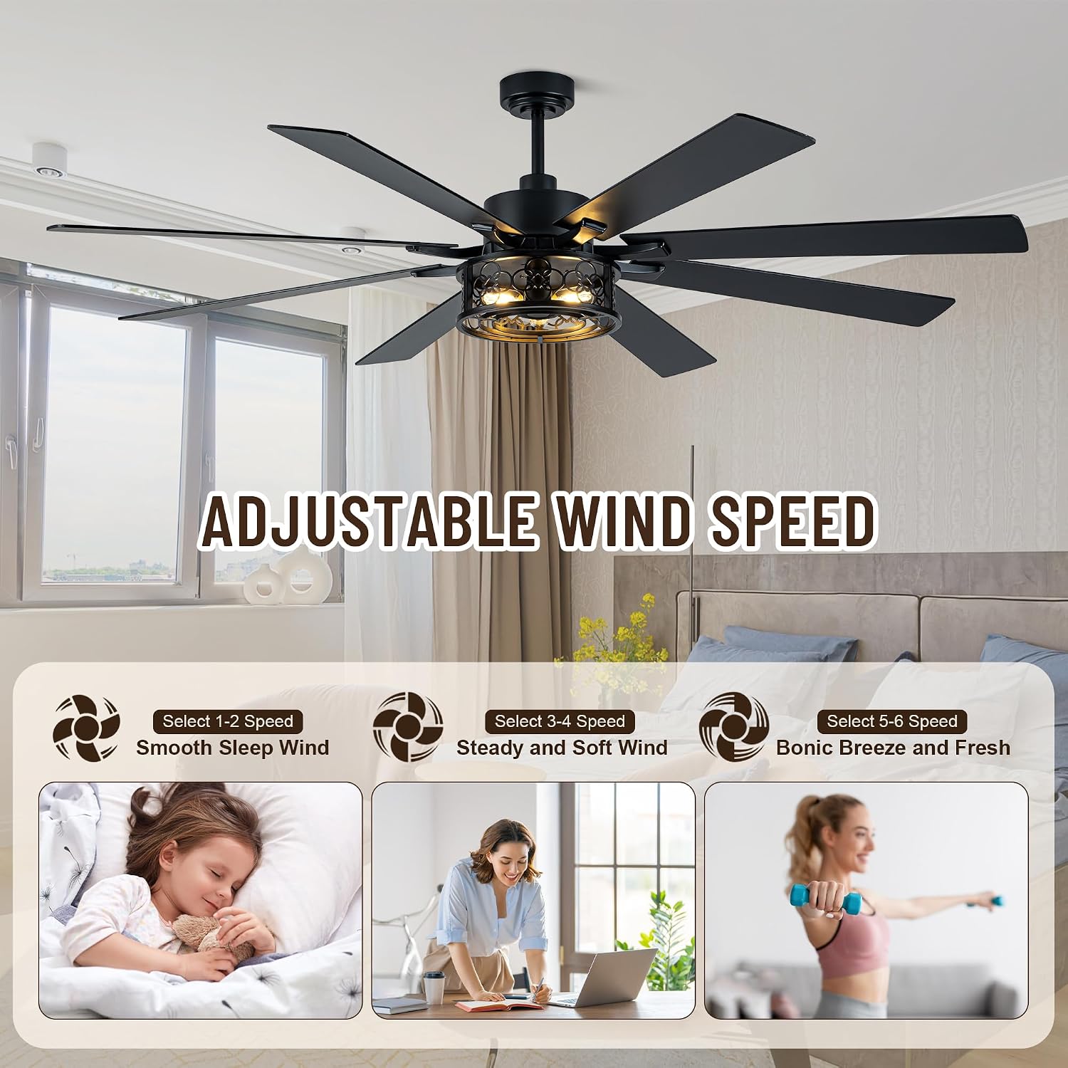 72 Inch Ceiling Fans with Lights, 6 Speed Reversible Quiet DC Motor 8 Dual Finish Wood Blades,Black Caged Rustic Large Industrial Ceiling Fans for Living Room Bedroom Patio,Indoor and Outdoor