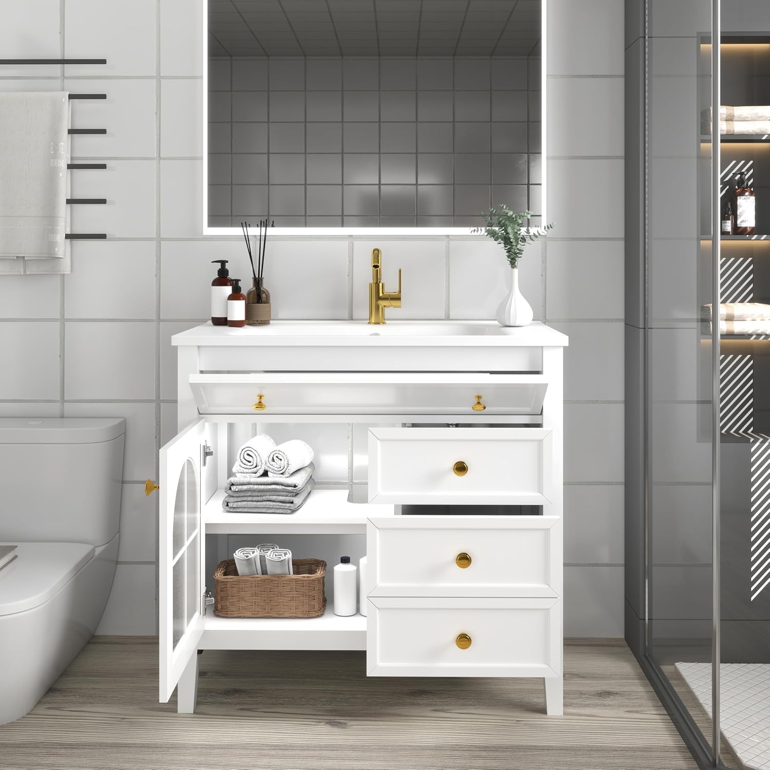 36 inch Bathroom Vanity with Sink, Mid Century Modern Freestanding Bathroom Cabinet with Ceramic Sink, 1 Flip Top Drawer, 2 Storage Drawers, Flower Patterned Glass Door, Adjustable Shelf, White