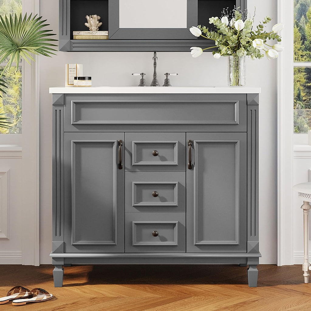 Merax 36' Bathroom Vanities with Single Sink, Modern Undermount Bathroom Sink Cabinet with 3 Closing Doors & 2 Full Extension Dovetail Drawers