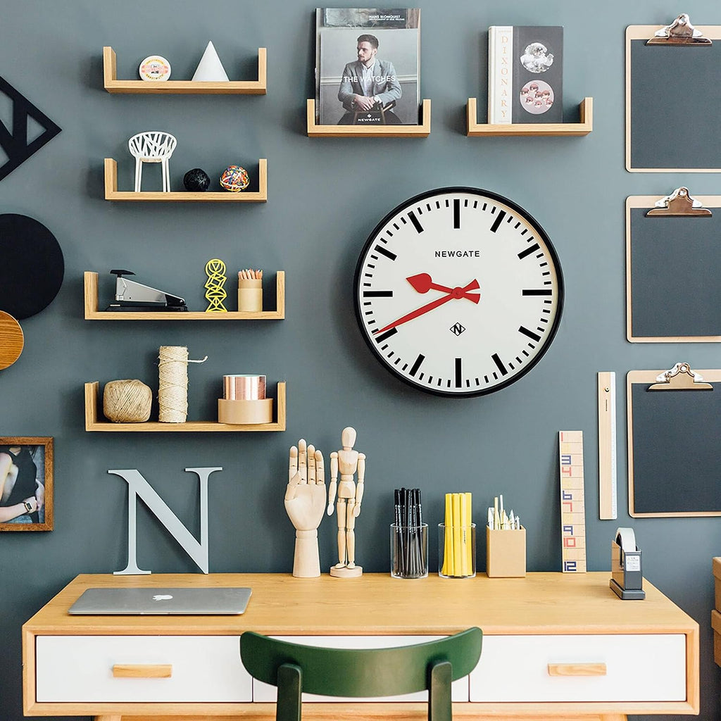 NEWGATE® Putney wall Clock | Large Retro Inspired Modern Station Clock | 18 inch | Deep Gloss Black Metal case with red Hands | Industrial mid-Century Style for Kitchen, Living Room or Office