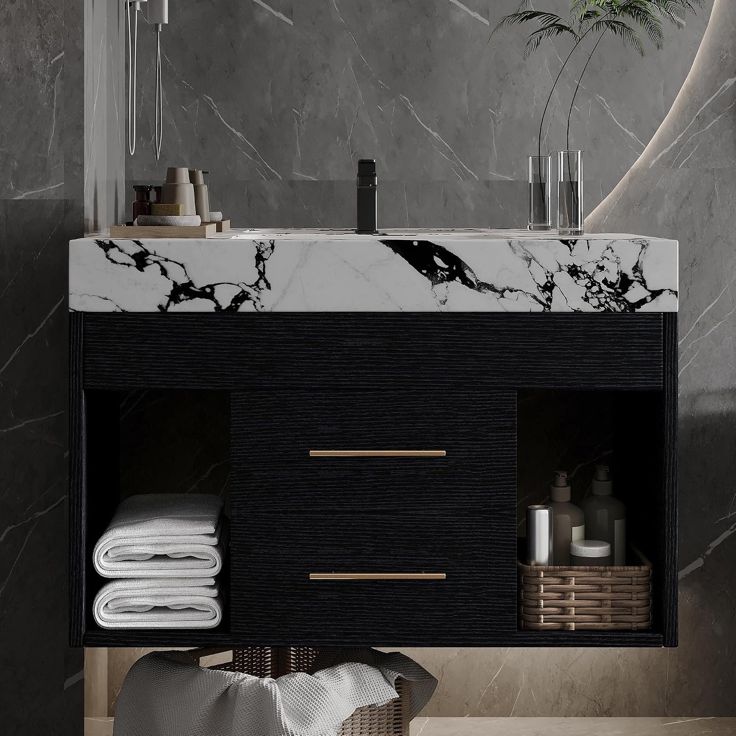 30' Bathroom Vanity with Sink Set, Modern Black Wall Mounted Bathroom Vanity Cabinet with Sintered Stone Top&Gold Handle 2 Drawers&2 Open Storage, Single Sink Floating Bathroom Vanity