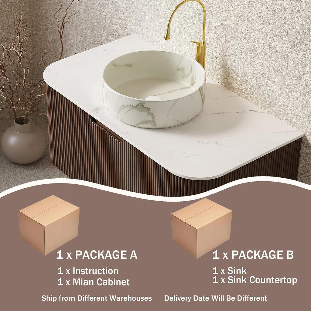 Eleshine 36 Inch Wall Mounted Floating Bathroom Vanity, Dark Walnut Cabinet with Carrara White Top & Stone Pattern Round Ceramic Sink, Soft Close Drawers, Pre-Assembled