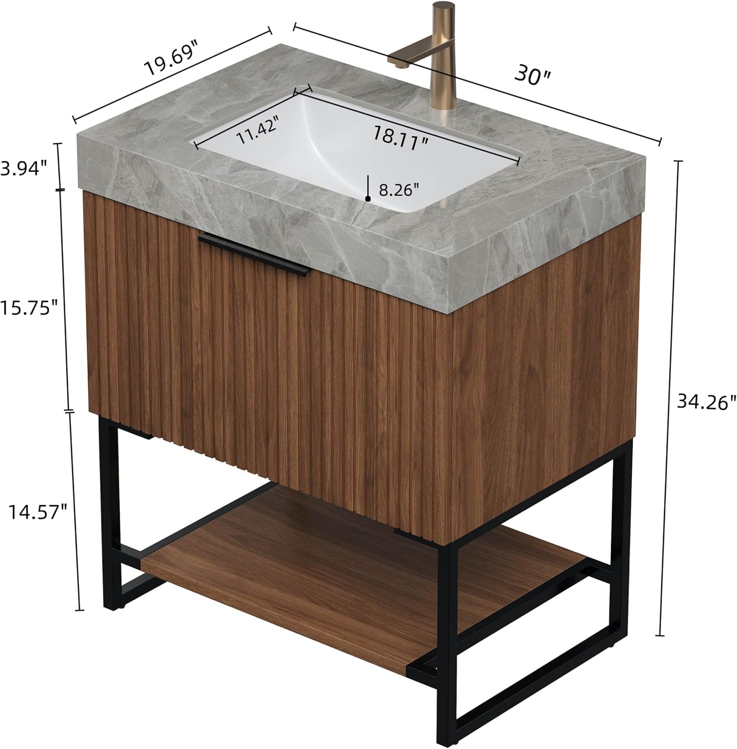 30'' Modern Bathroom Vanity with Sink, Freestanding Plywood Cabinet with Light Gray Sintered Stone Top & Undermount Ceramic Basin, Bathroom Vanities Cabinet W/Drawer and Open Shelf-Lund, Dark Walnut/S