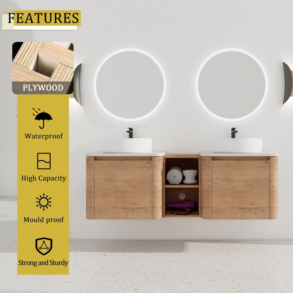60 Inch Double Sink Bathroom Vanity Combo Modern Floating Bathroom Vanitites with Round Ceramic Vessel Sink 60' Bathroom Sink Cabinet with Marble Counter Top & 1 Middle Storage Shelf