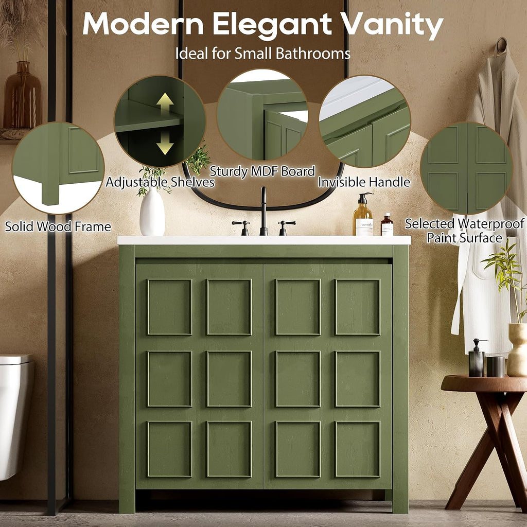36' Bathroom Vanity with Square White Ceramic Sink Top and Soft Closing Door, Combo Stand Storage Cabinet, Olive Green
