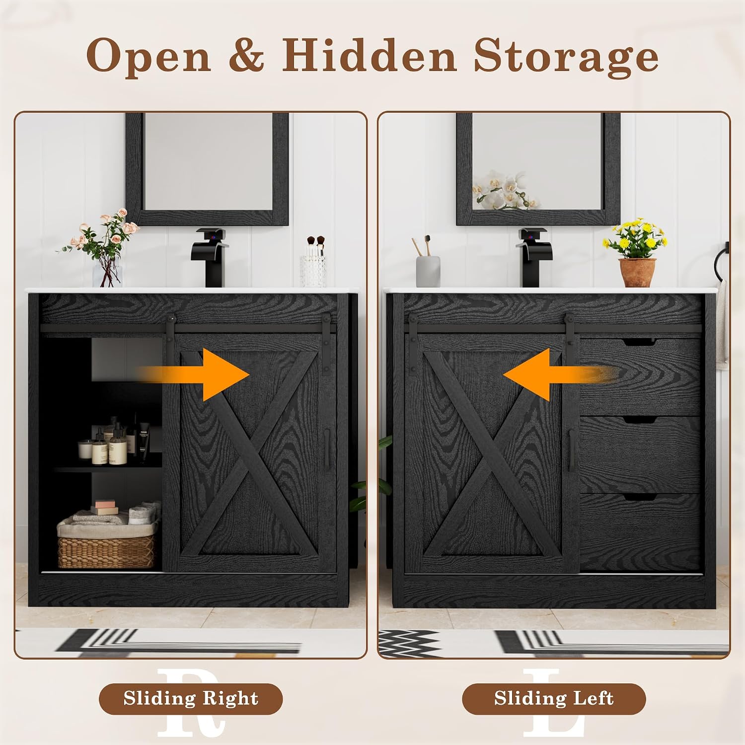 chartustriable 36 Inch Bathroom Vanity with Sink & Faucet & Mirror, Farmhouse Bathroom Vanity Cabinet Set with Sliding Barn Door & Drawers, Small Single Bath Storage Vanity Sink, Black