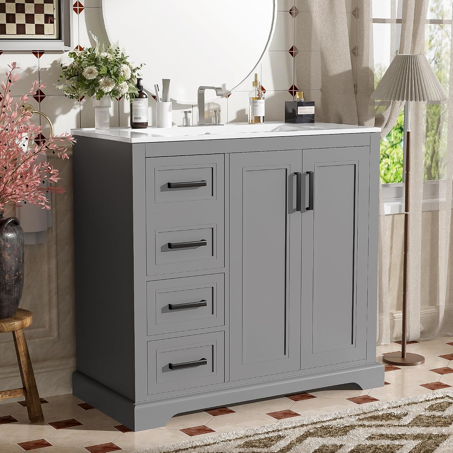 Merax 36' Bathroom Vanity with Ceramic Sink Combo, Freestanding Minimalist Vanities Cabinet & Large Adjustable Shelf and 3 Storage Drawers, Soft Closing Doors, Solid Wood Frame, Gray