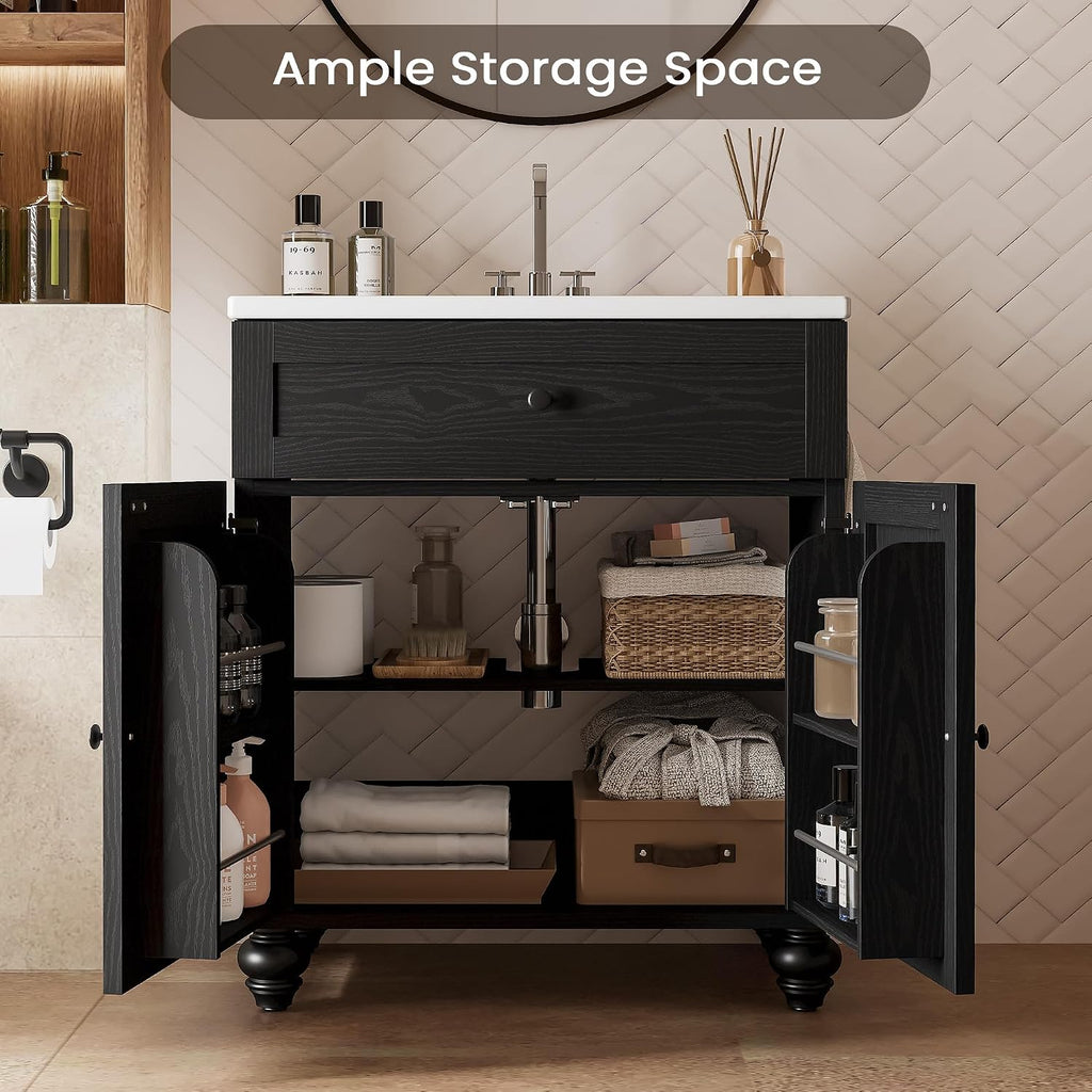 30 Inch Bathroom Vanity with Sink Easy-to-Install 30' Bathroom Vanity 2-Tier Large Storage Areas with Adjustable Shelves 4-Tier Storage Compartments Tip-out Drawer 2 Hooks Solid Wood Legs Black