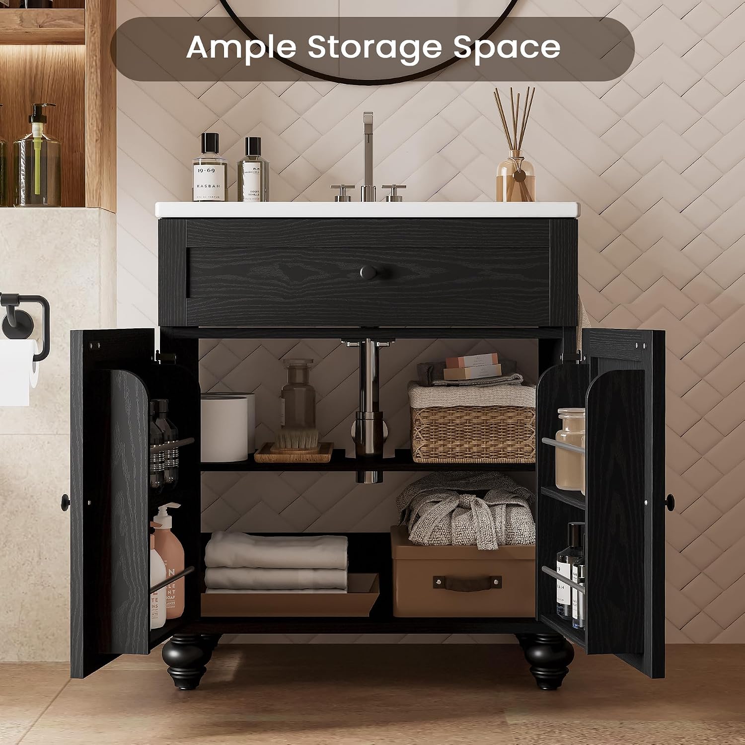 30 Inch Bathroom Vanity with Sink Easy-to-Install 30' Bathroom Vanity 2-Tier Large Storage Areas with Adjustable Shelves 4-Tier Storage Compartments Tip-out Drawer 2 Hooks Solid Wood Legs Black