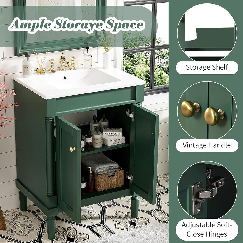 24' Vintage Bathroom Vanity with Sink Mid-Century Bathroom Vanity with 2 Soft-Close Doors & 2-Tier Adjustable Shelf Freestanding Bathroom Storage Cabinet with Roman Column Base & Metal Handles,Green