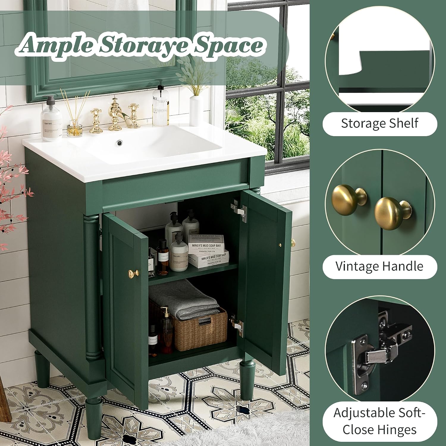 24' Vintage Bathroom Vanity with Sink Mid-Century Bathroom Vanity with 2 Soft-Close Doors & 2-Tier Adjustable Shelf Freestanding Bathroom Storage Cabinet with Roman Column Base & Metal Handles,Green