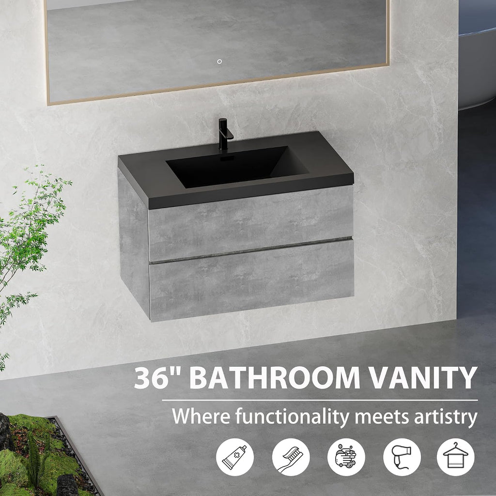 36' Floating Bathroom Vanity with Sink, Modern Wall-Mounted Bathroom Storage Vanity Cabinet with Black Quartz Sand Top Basin and Soft Close Drawers