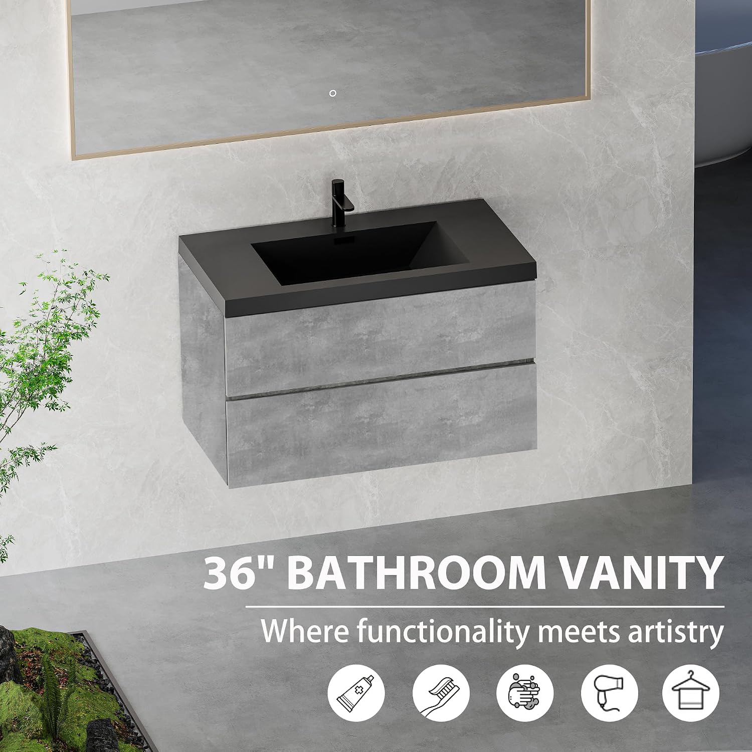 36' Floating Bathroom Vanity with Sink, Modern Wall-Mounted Bathroom Storage Vanity Cabinet with Black Quartz Sand Top Basin and Soft Close Drawers