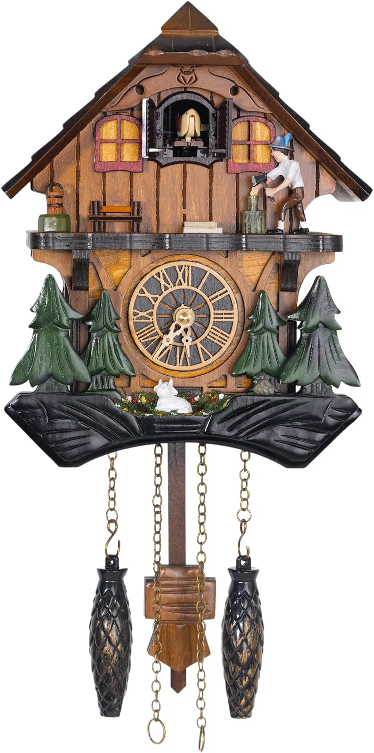 Cuckoo Clock, Black Forest Style Wooden Pendulum Quartz Wall Clock, Volume Control, Night Silent, Gift Package, Professional Service