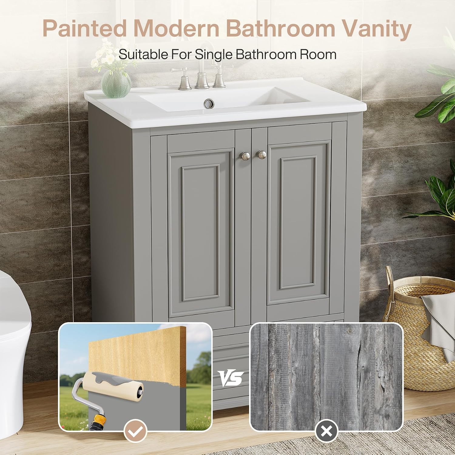 Tribesigns 24' Bathroom Vanity with Ceramic Sink Combo, Freestanding Bathroom vanities Storage Cabinet with 2 Doors & 1 Drawer, Solid Wooden Frame & Coated Surface, Metal Handle (Grey, 24 Inch)