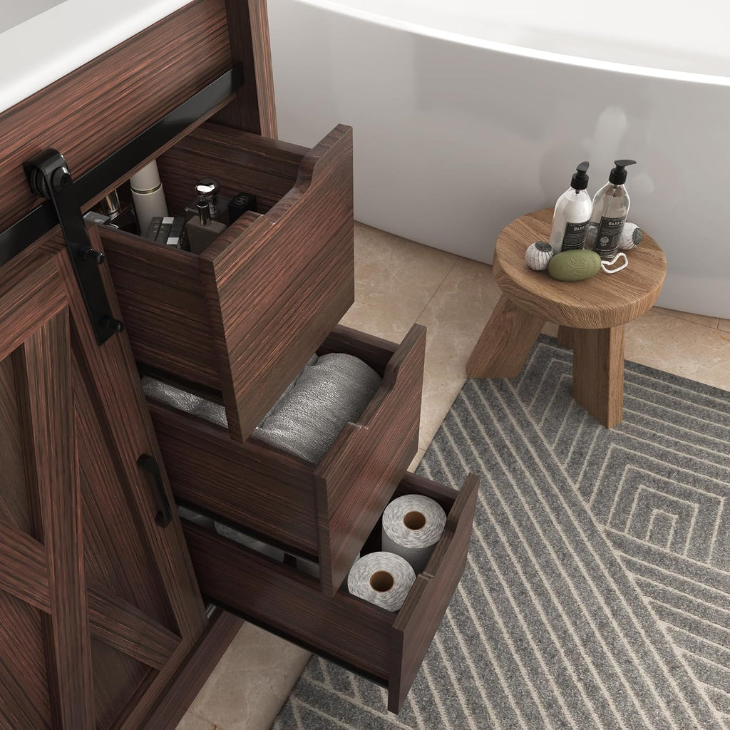 chartustriable 24 Inch Bathroom Vanity with Sink & Faucet & Mirror, Farmhouse Bathroom Vanity Cabinet Set with Sliding Barn Door & Drawers, Small Single Bath Storage Vanity Sink, Brown