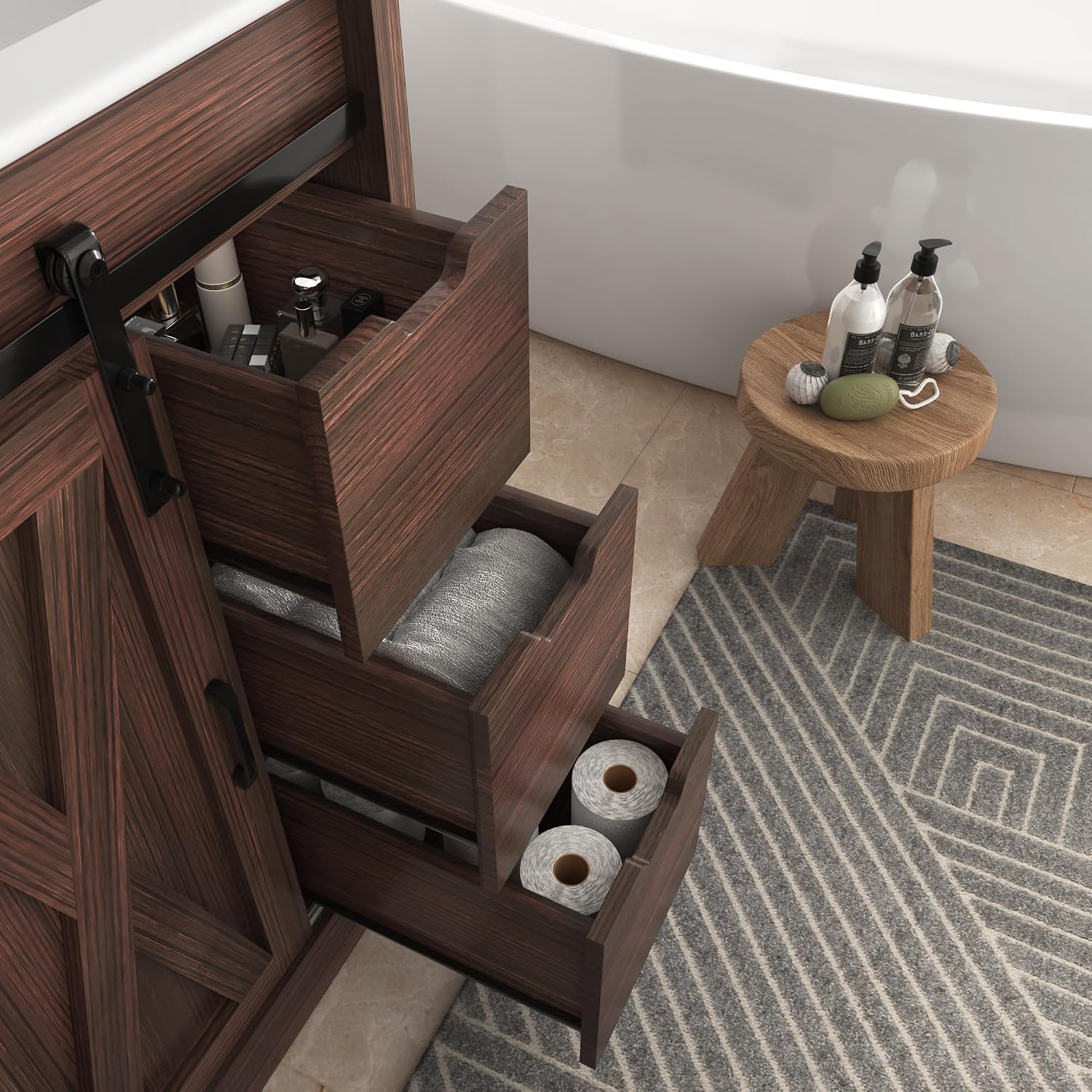 chartustriable 24 Inch Bathroom Vanity with Sink & Faucet & Mirror, Farmhouse Bathroom Vanity Cabinet Set with Sliding Barn Door & Drawers, Small Single Bath Storage Vanity Sink, Brown
