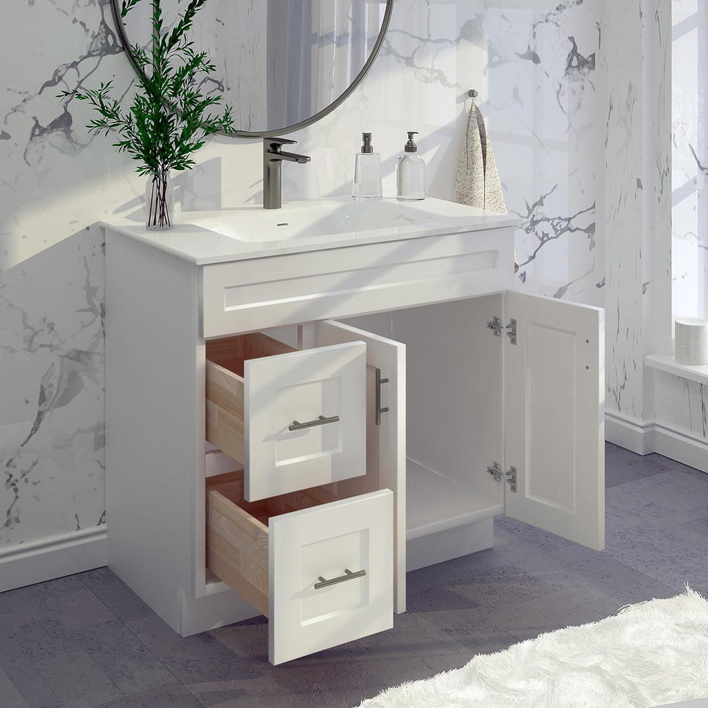 White Shaker Bathroom Vanity Sink Base with Drawers 36' Ready-to-Assemble Cabinet