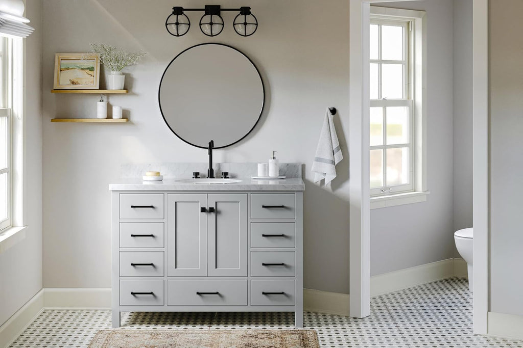 ARIEL Cambridge 48-inch Bathroom Vanity with Sink,Solid Wood, 1.5-inch Italian Carrara Marble Countertop & Backsplash, Single Oval Porcelain Sink, 2 Soft Closing Doors, 9 Dovetail Drawers, Grey