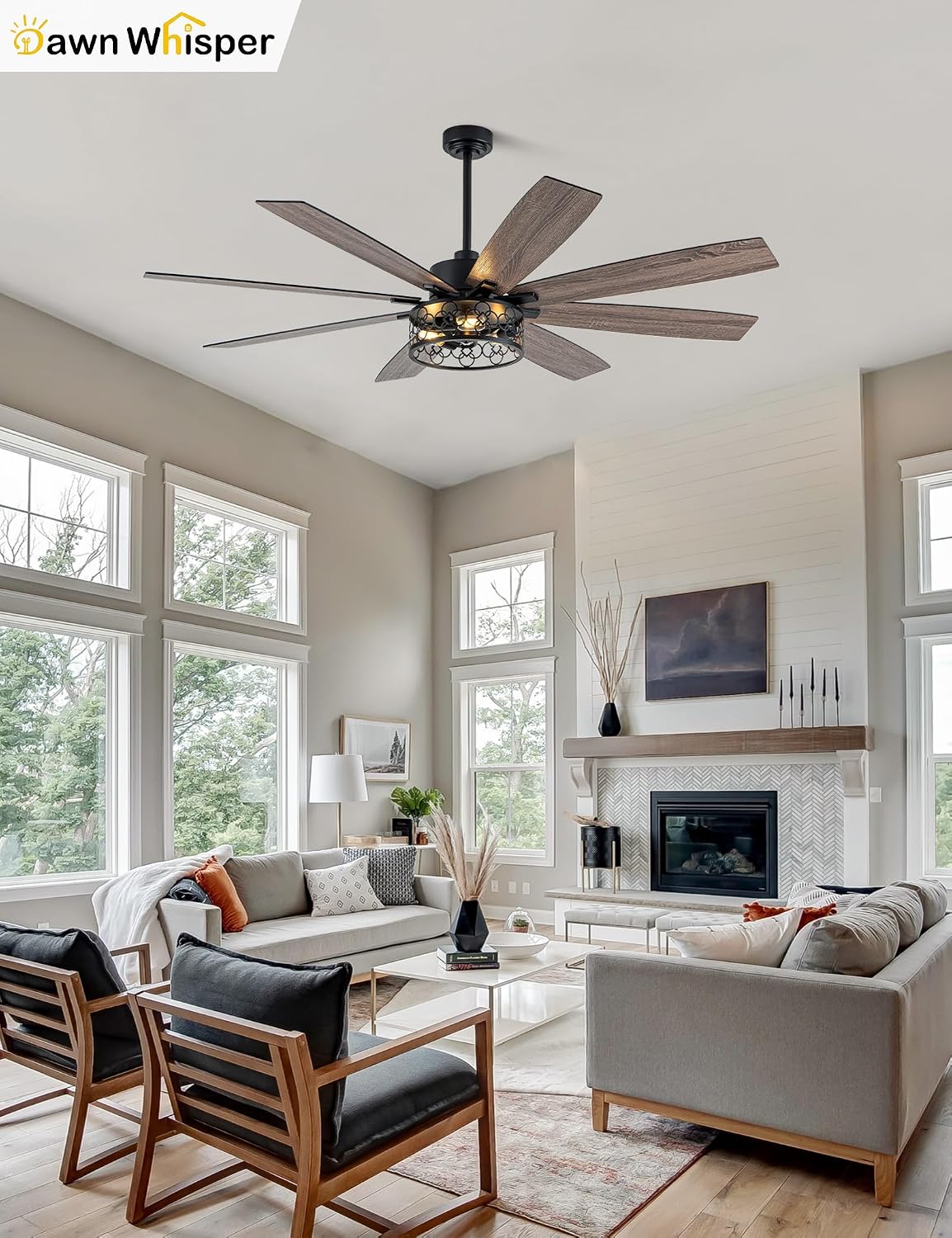 Dawn Whisper Farmhouse 72 Inch Ceiling Fans with Lights and Remote Quiet and Reversible DC Motor Black Industrial Rustic Caged Ceiling Fan for Bedroom Living Room Covered Patio