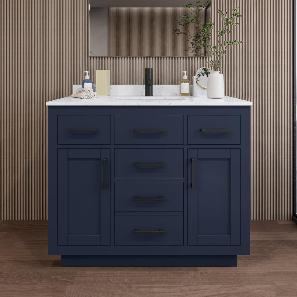 Wyndham Collection Beckett 42 Inch Single Bathroom Vanity with Toe Kick in Dark Blue, Carrara Cultured Marble Countertop, Undermount Square Sink, Matte Black Trim
