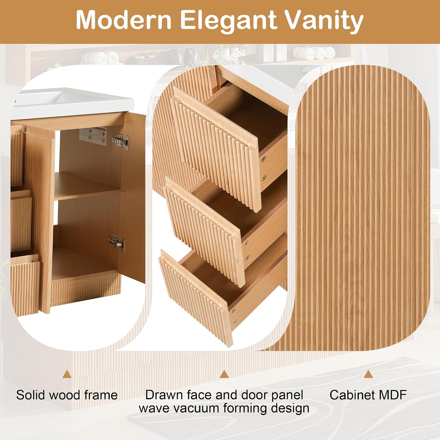 60 Inch Bathroom Vanity with Sink, Modern Fluted Freestanding Double Bathroom Vanity Cabinet with 4 Soft Closing Doors & 3 Drawers, Waterproof Lacquer Finish for Master Bathroom & Family Home