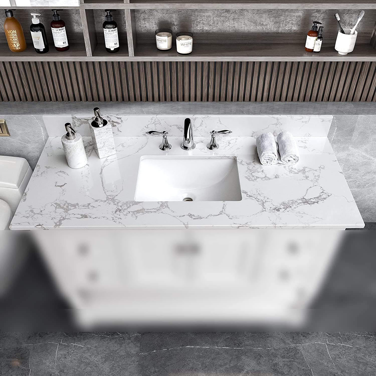 43 Inch Marble Vanity Top with Undermounted Rectangular Ceramic Sink & Backsplash, Three holes Engineered Stone Vanity Sink Top Countertop for Bathroom Kitchen (No Cabinet)