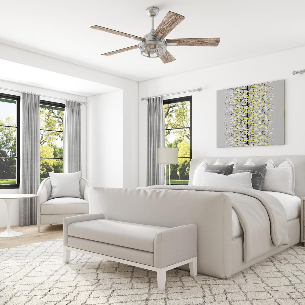 Prominence Home Freyr, 52 Inch Indoor Outdoor LED Ceiling Fan with Light, Remote Control, Dual Mounting Options, 5 Dual Finish Blades, Reversible Motor -51484-01 (Painted Galvanized)
