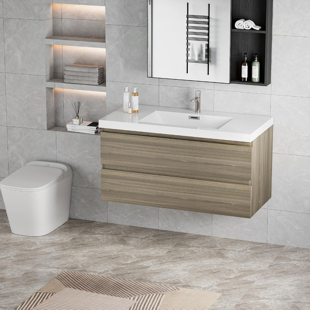 42' Floating Bathroom Vanity with Sink, Modern Wall Mounted Bathroom Storage Vanity Cabinet with Resin Top Basin and Soft Close Drawers, Ash Grey 24V11 42AG