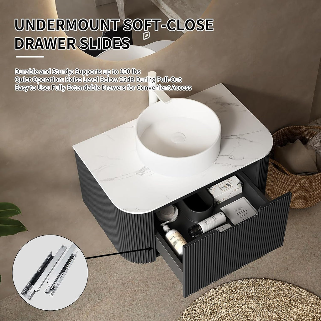 Yayzy 24' Floating Bathroom Vanity with Sink, Solid Wood Fluted Cabinet, White Round Ceramic Basin & Faux Marble Top, Soft-Close Drawer, Pre-Assembled, Gloss Black