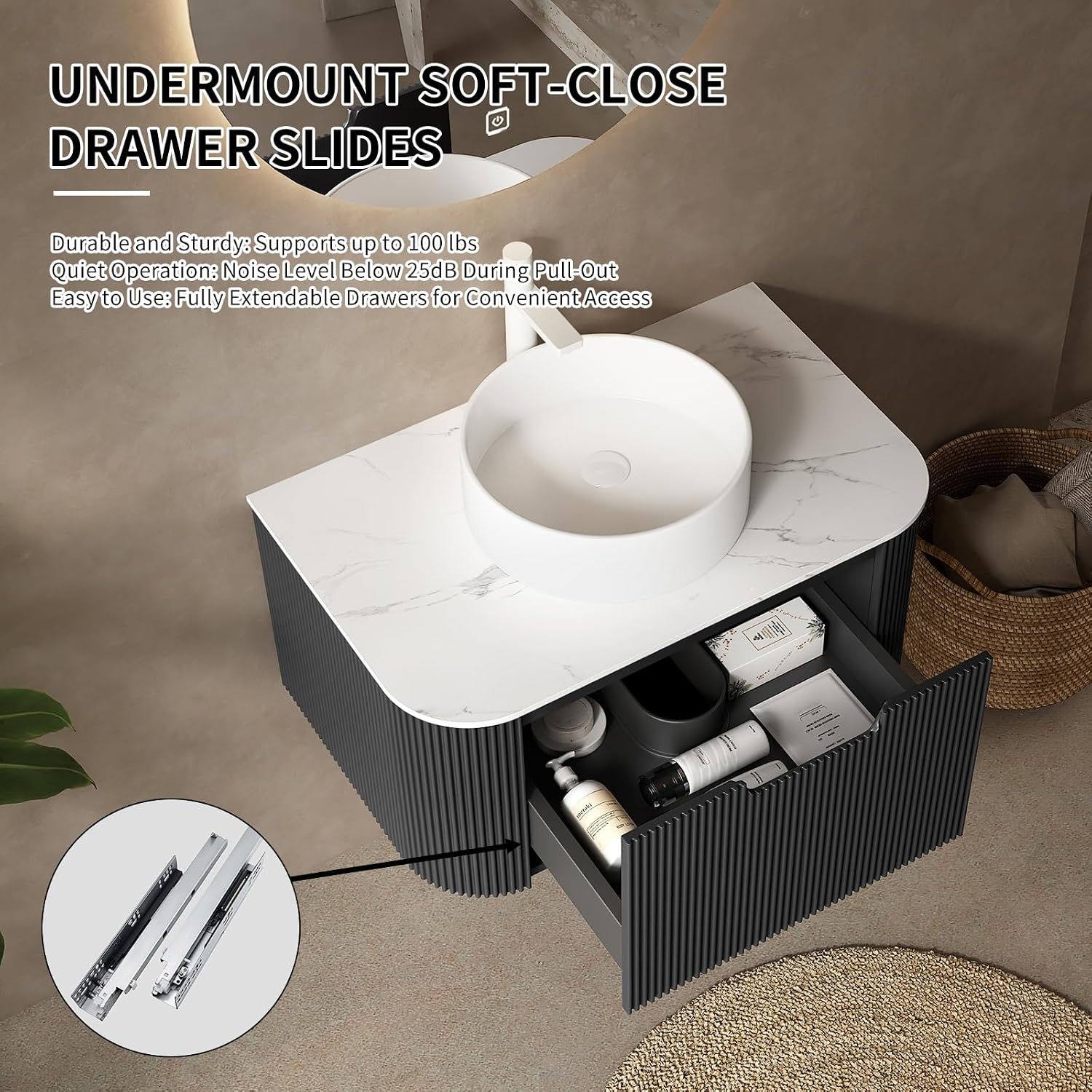 Yayzy 24' Floating Bathroom Vanity with Sink, Solid Wood Fluted Cabinet, White Round Ceramic Basin & Faux Marble Top, Soft-Close Drawer, Pre-Assembled, Gloss Black