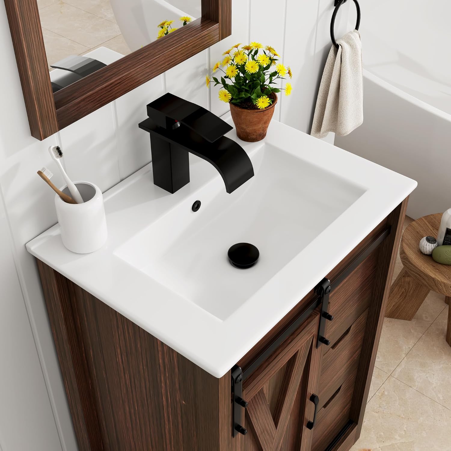 chartustriable 24 Inch Bathroom Vanity with Sink & Faucet & Mirror, Farmhouse Bathroom Vanity Cabinet Set with Sliding Barn Door & Drawers, Small Single Bath Storage Vanity Sink, Brown