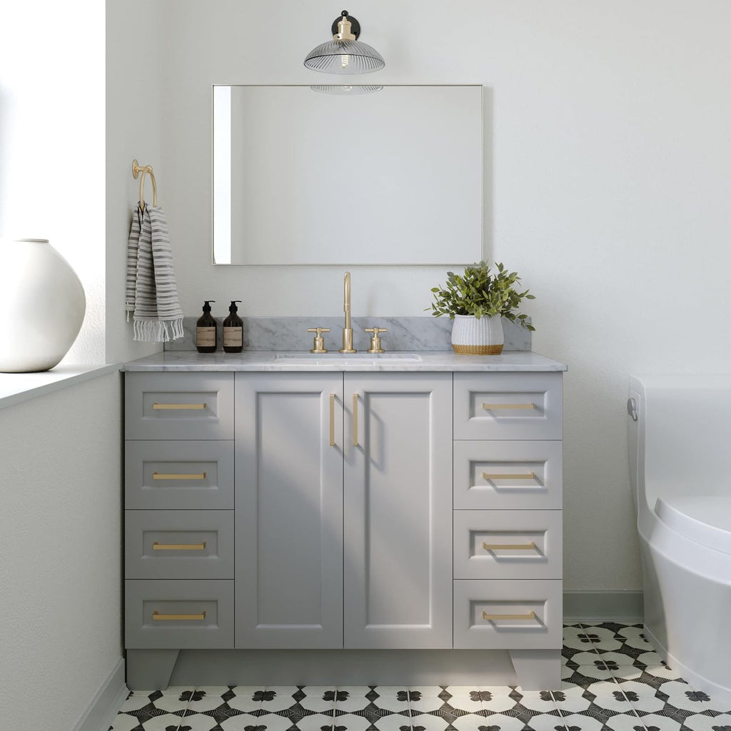 ARIEL Taylor 48-inch Bathroom Vanity with Sink,Solid Wood, 0.75-inch Italian Carrara Marble Countertop, Single Rectangular Porcelain Sink, Soft Closing Doors, Dovetail Drawers, Grey