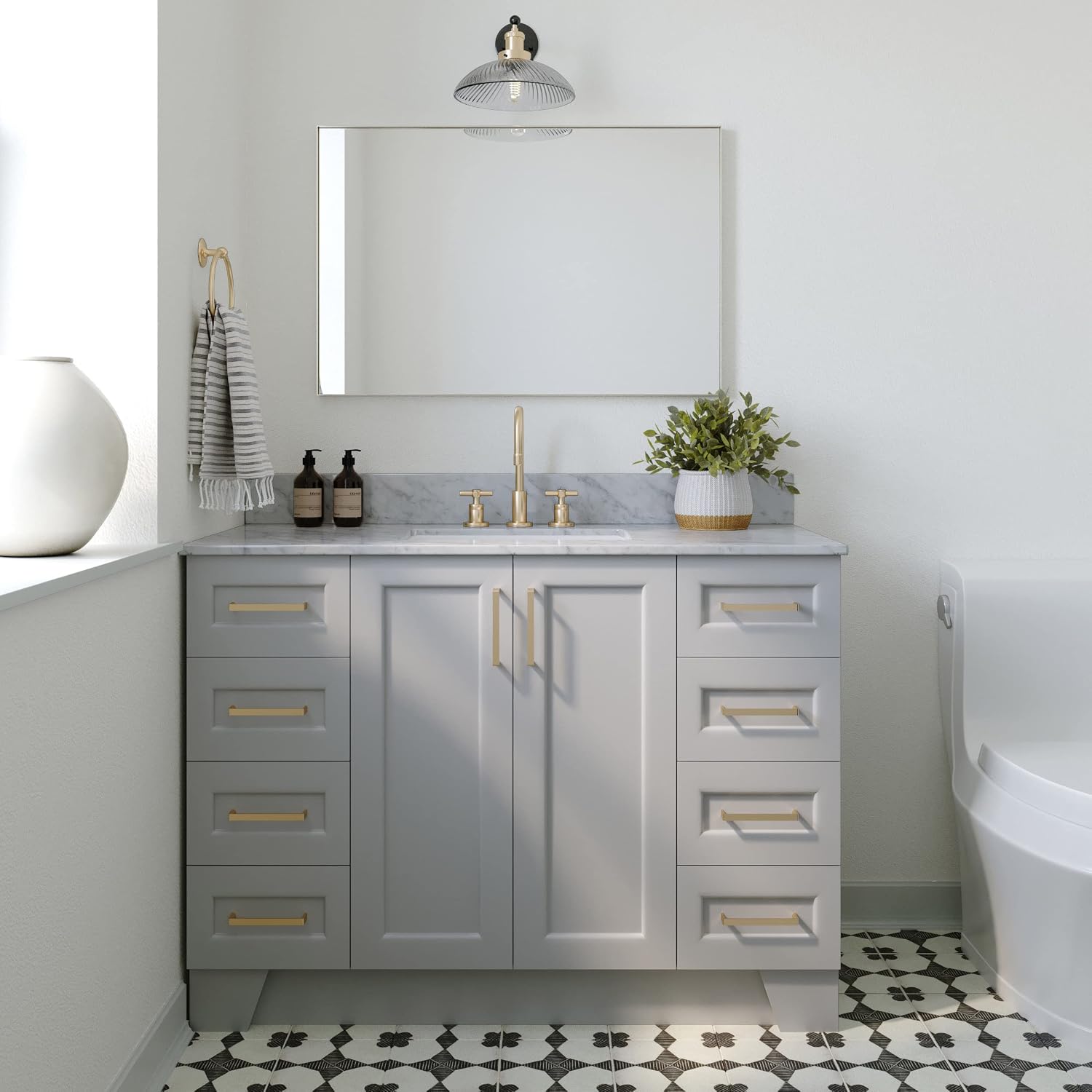 ARIEL Taylor 48-inch Bathroom Vanity with Sink,Solid Wood, 0.75-inch Italian Carrara Marble Countertop, Single Rectangular Porcelain Sink, Soft Closing Doors, Dovetail Drawers, Grey