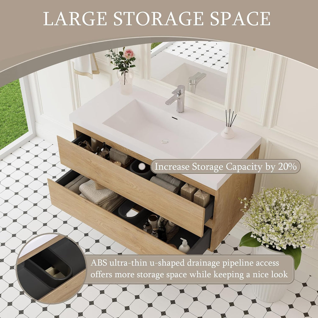 42' Floating Bathroom Vanity with Sink, Wall Mounted Bathroom Storage Vanity Cabinet with Solid Top Basin and Soft Close Drawers, Natural Oak