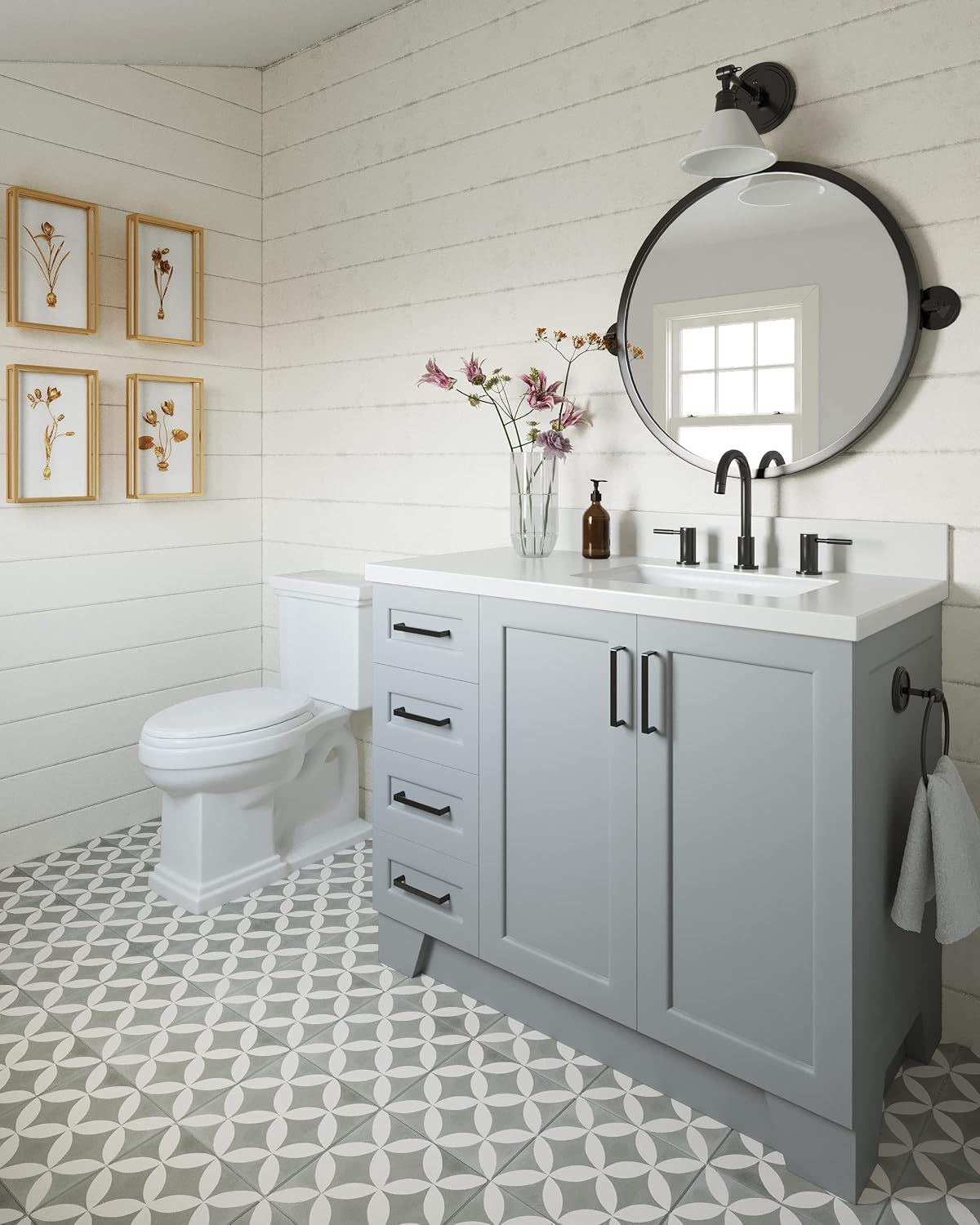 ARIEL Taylor 42-inch Bathroom Vanity with Sink,Solid Wood, 1.5-inch Pure White Quartz Countertop & Backsplash, Single Oval Porcelain Sink, 2 Soft Closing Doors, 5 Dovetail Drawers, Grey