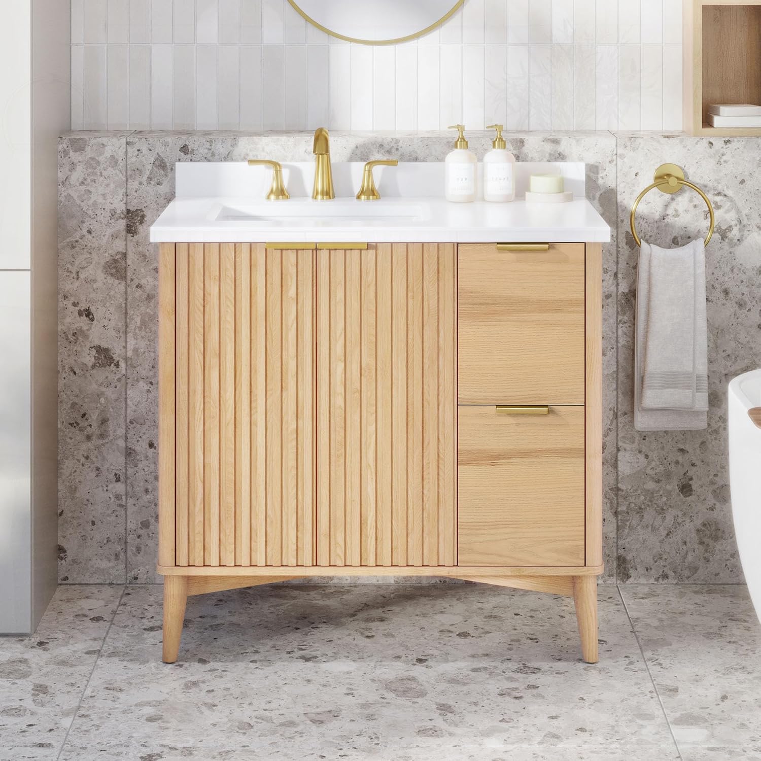 OVE Decors Indy 36 in. Undermount Single Sink Bathroom Vanity with White Engineered Marble Top, Rustic Ash
