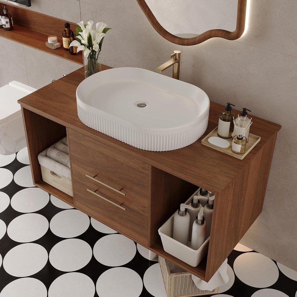 40 Inch Modern Bathroom Vanity Floating Bathroom Vanities with Above Oval Sink 40' Wall Mounted Bathroom Sink Cabinet with 2 Drawers & 2 Open Shelves & Gold Metal Handle, Walnut