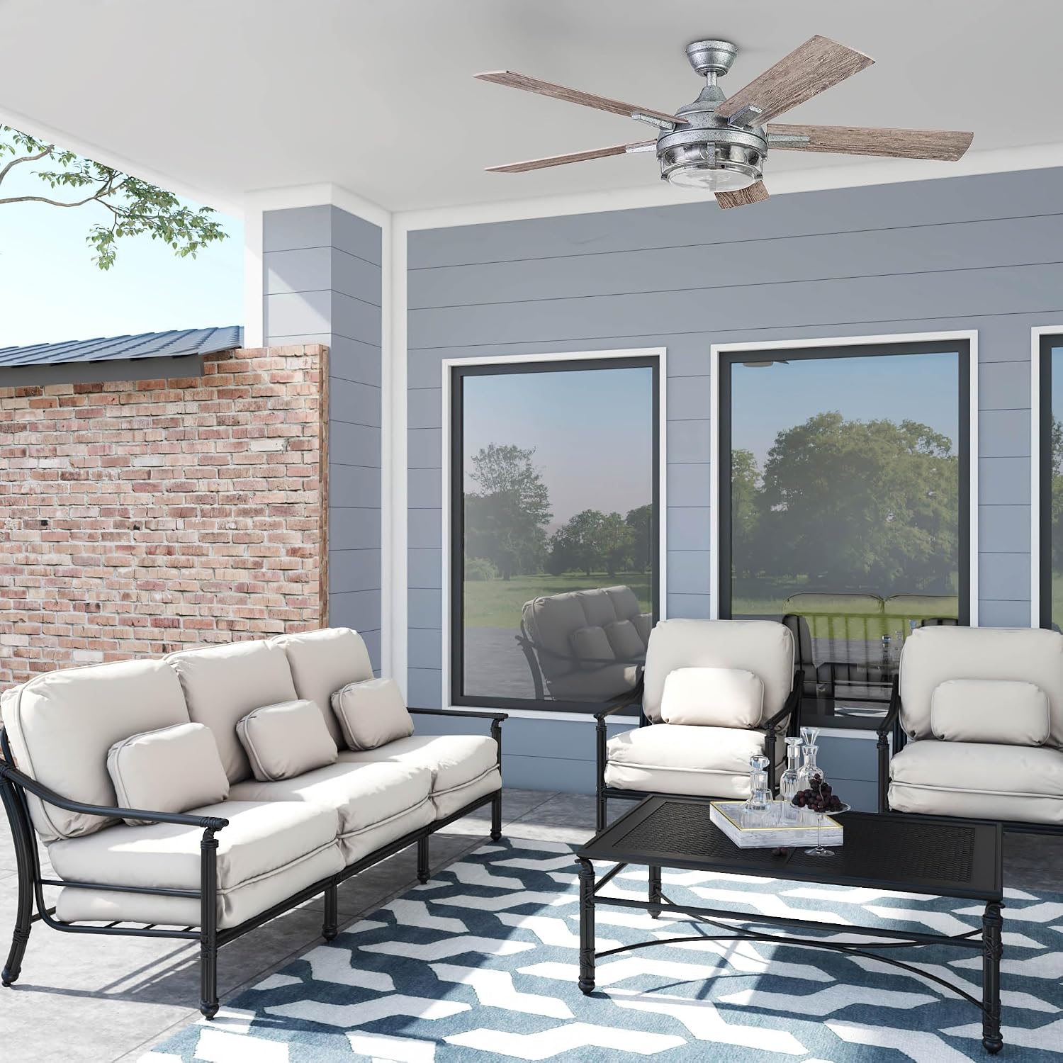 Prominence Home Freyr, 52 Inch Indoor Outdoor LED Ceiling Fan with Light, Remote Control, Dual Mounting Options, 5 Dual Finish Blades, Reversible Motor -51484-01 (Painted Galvanized)
