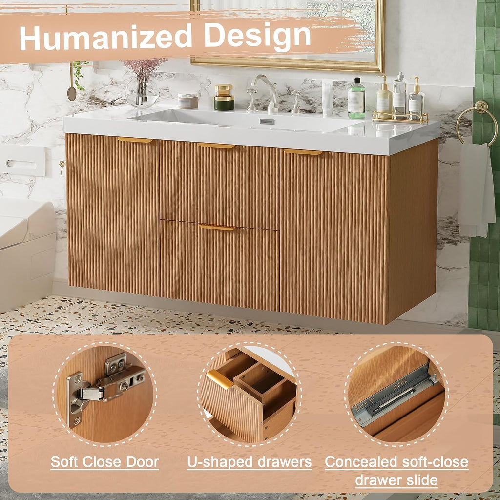 48'' Floating Bathroom Vanity with Sink, Painted Surface Wall Mounted Bathroom Vanity Cabinet, Soft Closing System, SMC Vanity Top, Natural