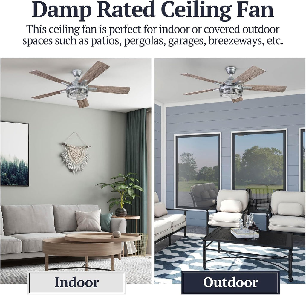 Prominence Home Freyr, 52 Inch Indoor Outdoor LED Ceiling Fan with Light, Remote Control, Dual Mounting Options, 5 Dual Finish Blades, Reversible Motor -51484-01 (Painted Galvanized)
