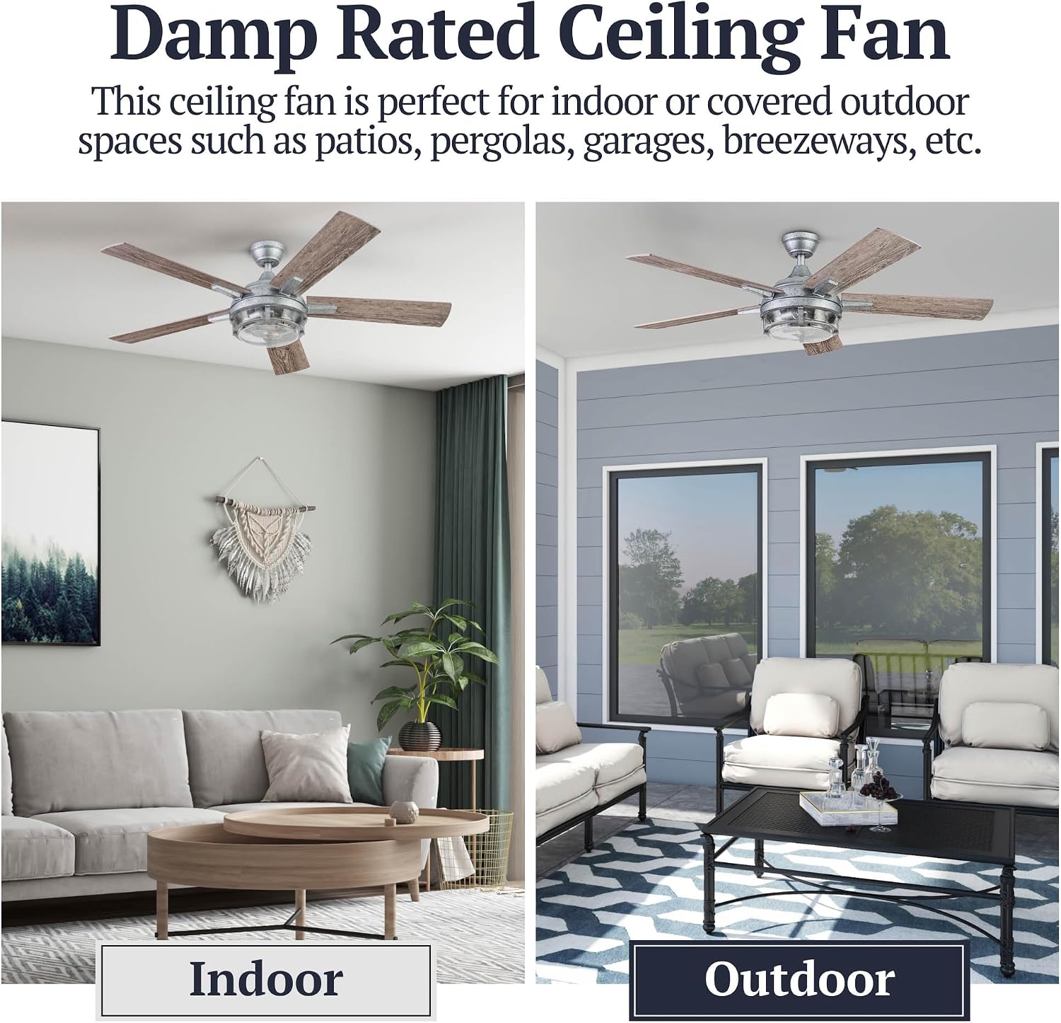 Prominence Home Freyr, 52 Inch Indoor Outdoor LED Ceiling Fan with Light, Remote Control, Dual Mounting Options, 5 Dual Finish Blades, Reversible Motor -51484-01 (Painted Galvanized)