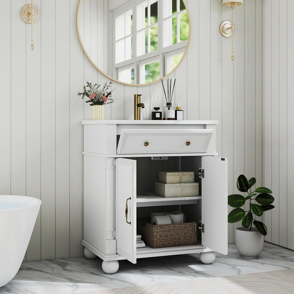28 Inch Mid-Century Bathroom Vanity with Sink, Green Solid Wood Frame with Roman Column Base, Freestanding Cabinet with Metal Handles and Storage (White)